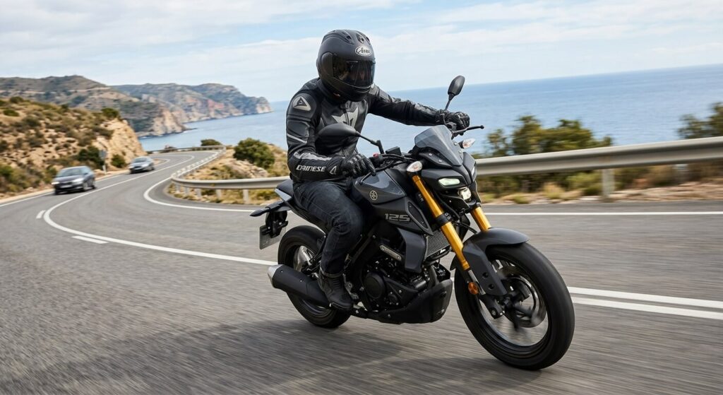 Moto 125cc qui ressemble à un gros cube : les meilleurs modèles 3 Un motard en équipement complet prenant la route au guidon d'un roadster 125cc agressif.