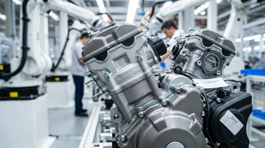 Gros plan sur la finition et l'assemblage mécanique d'un moteur bicylindre produit par le groupe QJ Motor.