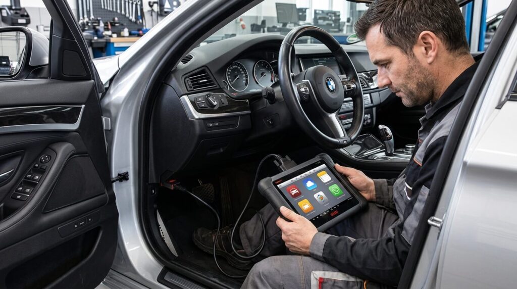 Un mécanicien branchant une valise de diagnostic électronique sous le tableau de bord d'une BMW.