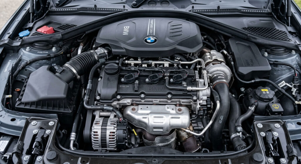 BMW Série 2 Gran Tourer : que vaut ce monospace familial en fiabilité ? 3 Gros plan sur le bloc moteur essence trois cylindres d'une BMW Série 2.