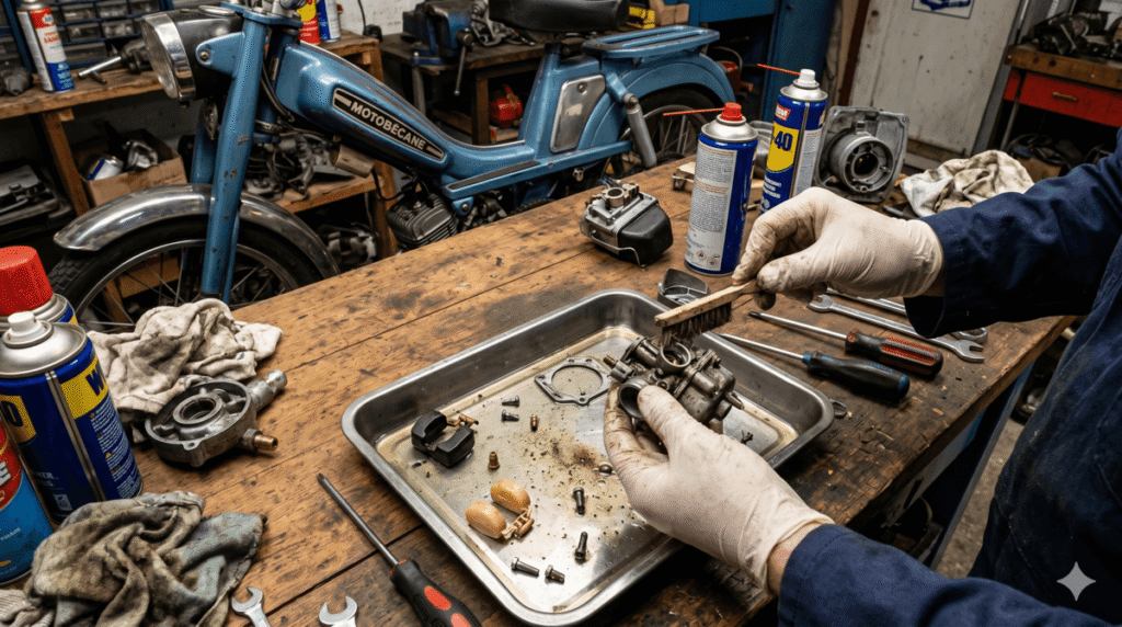 Démontage et nettoyage du carburateur d'un moteur de mobylette vintage des années 70.