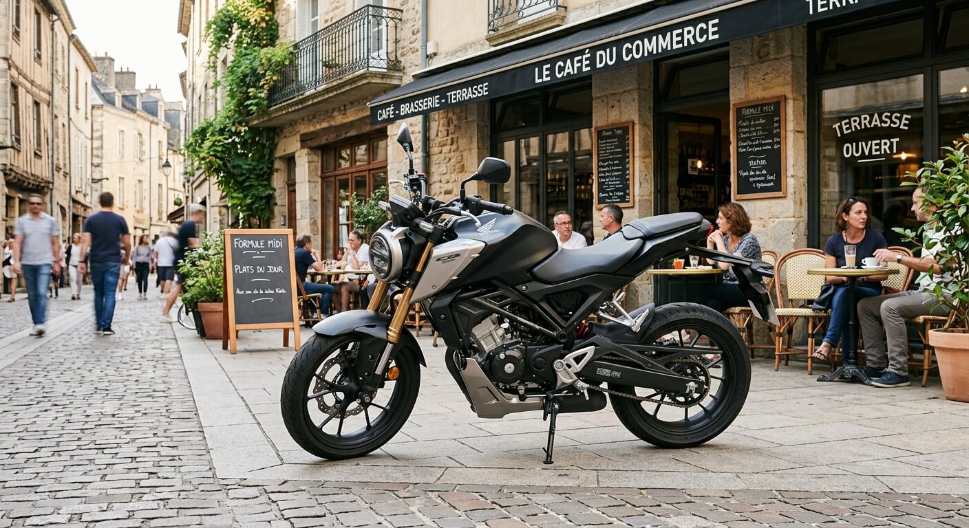 Une moto 125cc moderne au gabarit valorisant, stationnée devant un café.