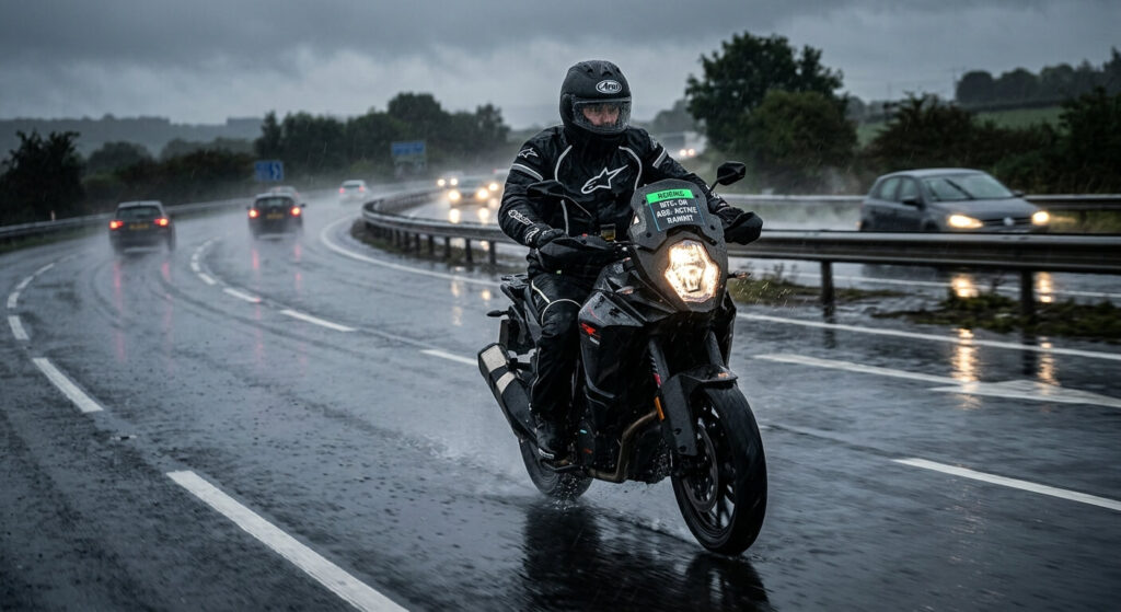 Traction control moto : à quoi ça sert et comment ça marche ? 3 Un motard pilotant sous la pluie sur une chaussée humide, profitant des aides électroniques de sécurité.