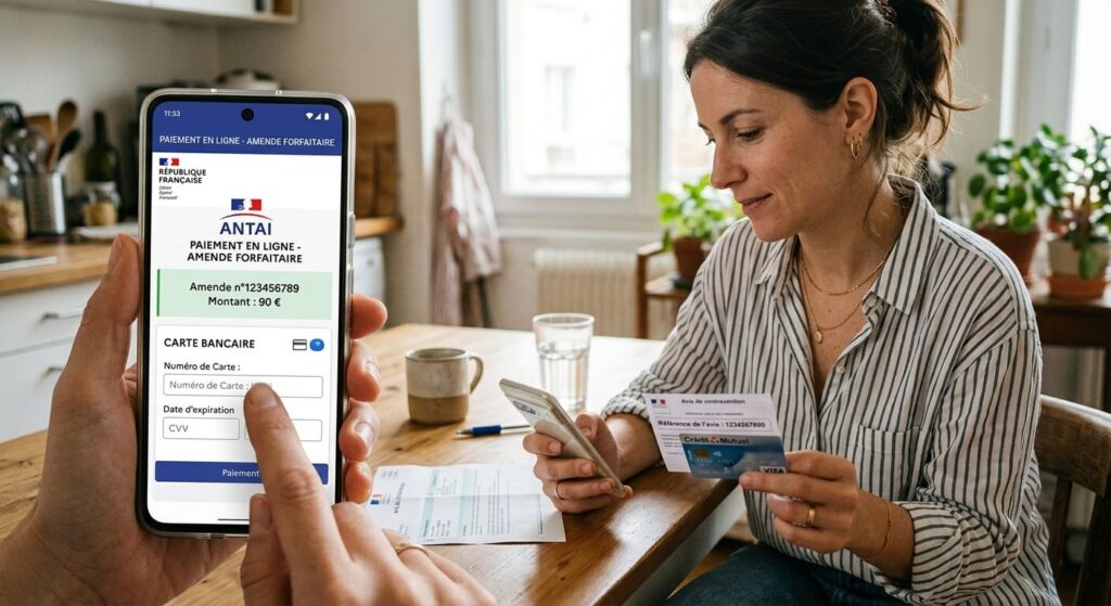 Une personne réglant son amende forfaitaire en ligne sur l'application officielle du gouvernement à l'aide d'une carte bancaire.