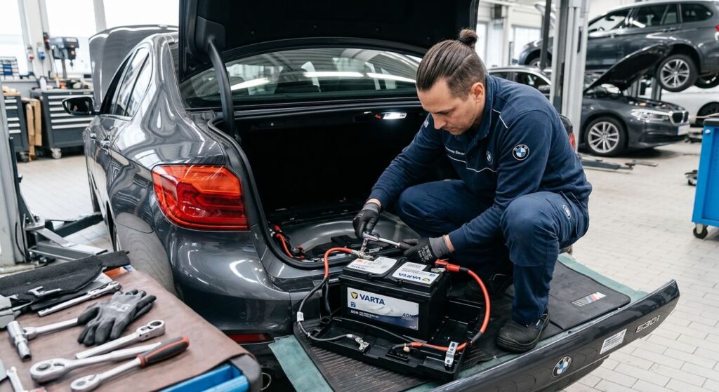 Un technicien installant une batterie neuve AGM dans le logement du coffre arrière d'une BMW.