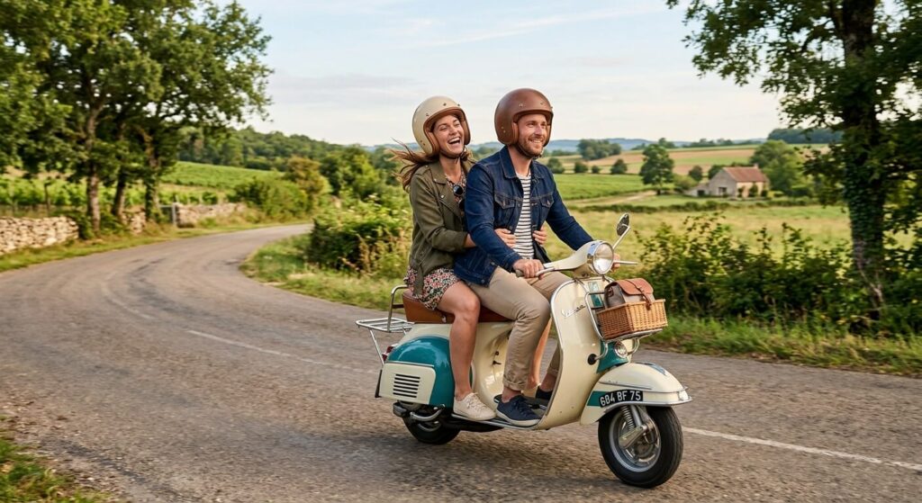 Deux personnes roulant ensemble à allure modérée sur un cyclomoteur rétro le long d'une route de campagne.