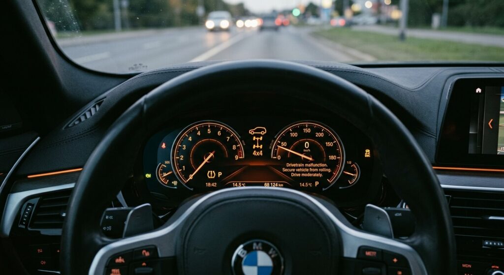 Le tableau de bord d'une BMW affichant le voyant orange 4x4 et les alertes de transmission.