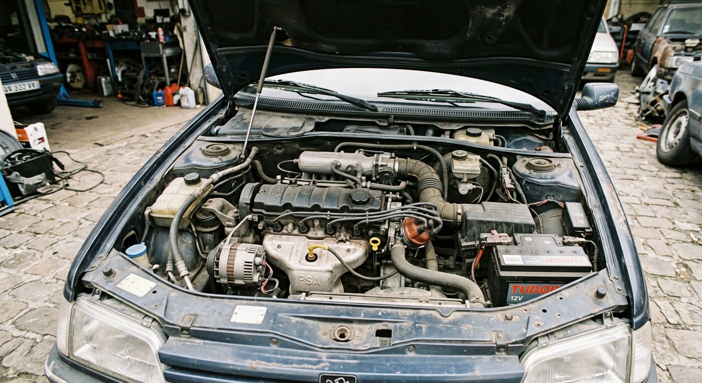 Le moteur rustique et accessible d'une ancienne voiture des années 1990 sans aucun fil électrique superflu.