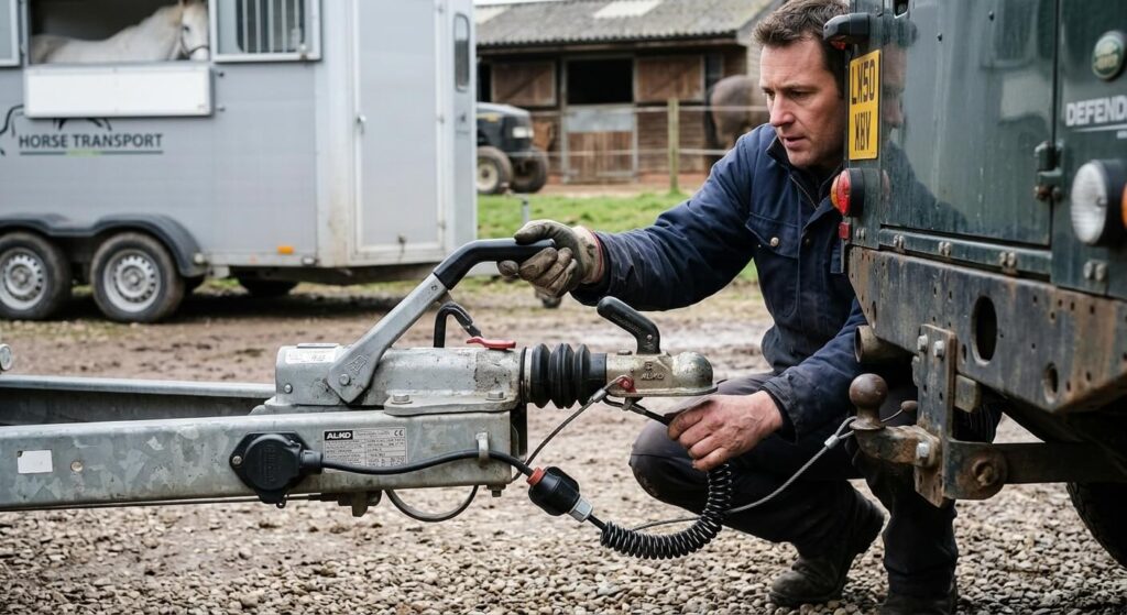 Contrôle de la tête d'attelage et du câble de sécurité d'un van pour chevaux.