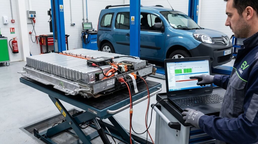 Durée de vie d'une batterie de Kangoo ZE : autonomie, usure et coût 3 Le bloc batterie lithium-ion d'un Kangoo ZE déposé en atelier pour diagnostic.