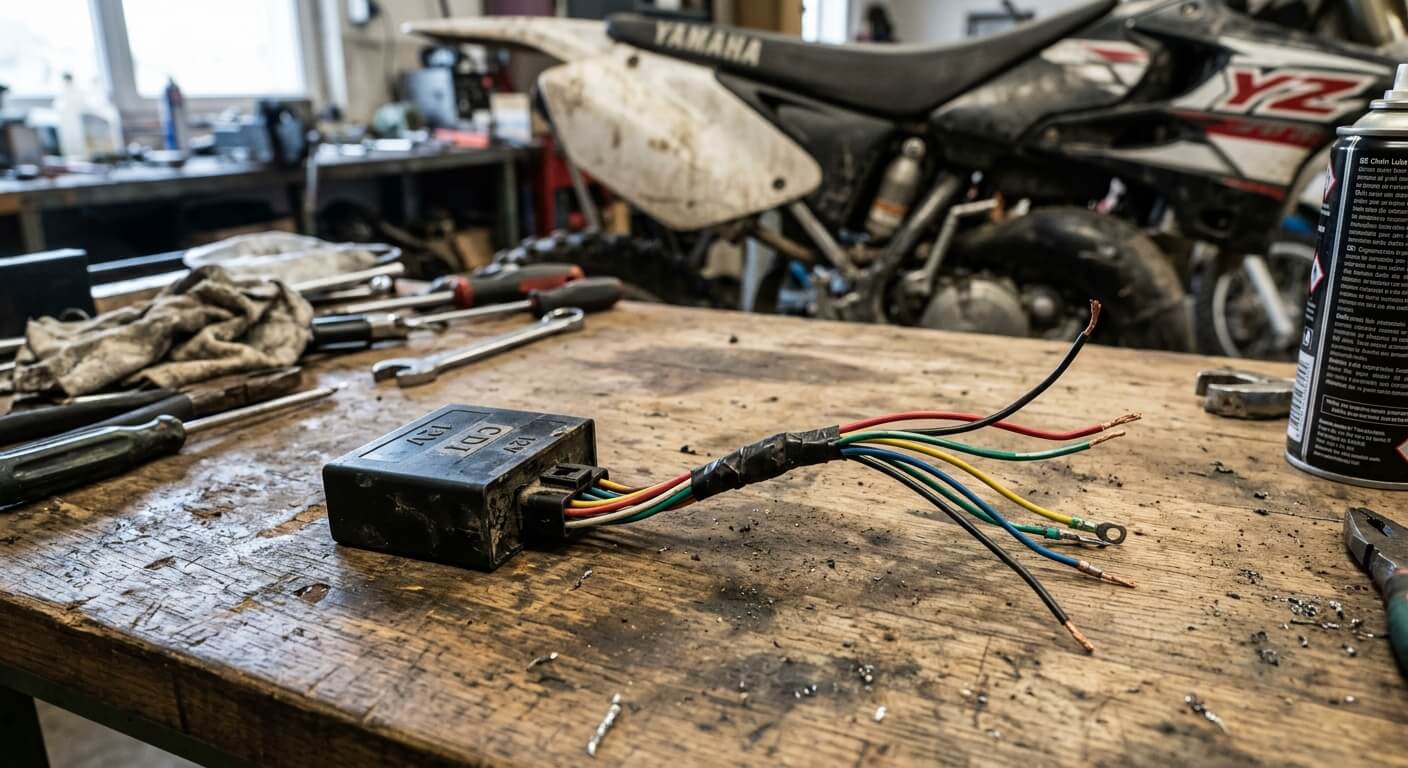 Un petit boîtier électronique noir CDI débranché avec ses fils électriques de couleur.