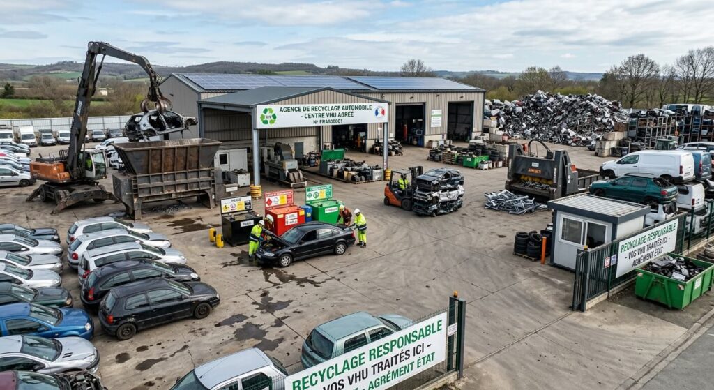 Un centre de traitement agréé pour le recyclage des véhicules hors d'usage (VHU).