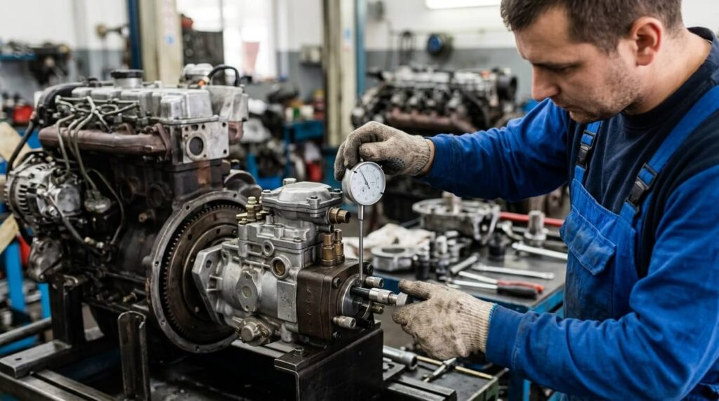 Calage de la pompe d'injection 1.9 D Renault : méthode et réglages manuels 2 Un mécanicien insérant un comparateur à cadran à l'arrière d'une pompe d'injection diesel.