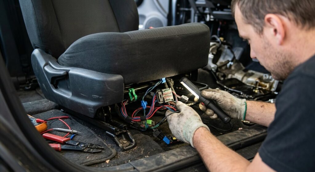 Inspection des fiches et câbles électriques sous le siège conducteur d'une automobile.