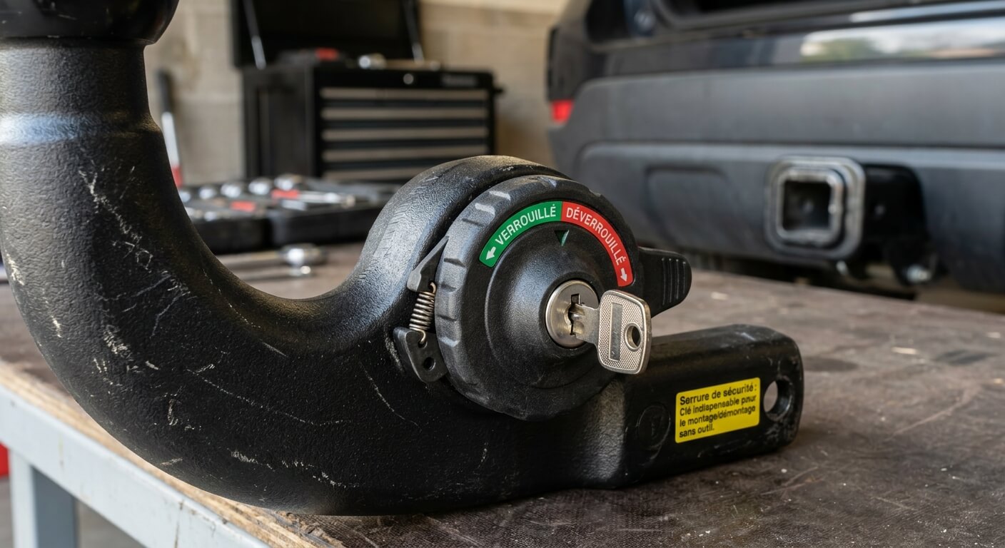 Gros plan sur la serrure de sécurité d'une rotule d'attelage démontable sans outil.