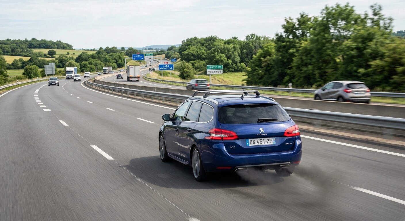 Une voiture diesel roulant sur autoroute pour décrasser son moteur.