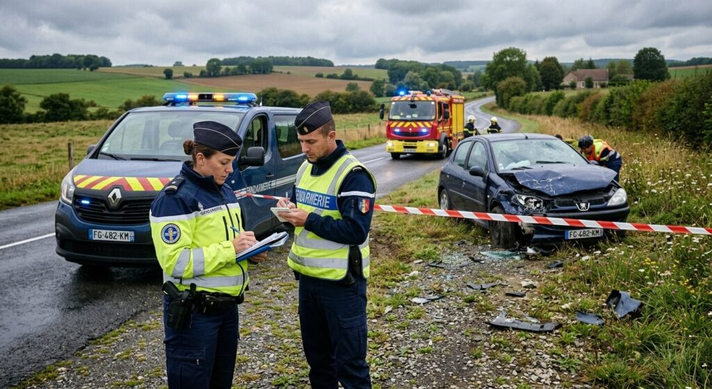 Abandon de véhicule après un accident de la route : lois, risques et sanctions 3 Des forces de l'ordre prenant des notes à côté d'une zone d'accident de la circulation routière.