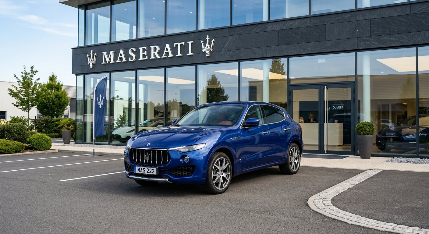 Un SUV Maserati Levante bleu garé devant une concession automobile.