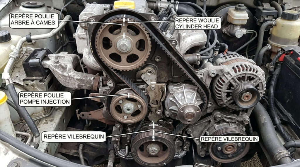 Calage de la pompe d'injection 1.9 D Renault : méthode et réglages manuels 3 La courroie de distribution ouverte sur un moteur Renault 1.9D (F8Q) montrant les repères des poulies.