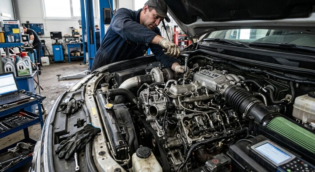 Maserati Levante diesel : problèmes et fiabilité à connaître 3 Le moteur V6 3.0 Litres turbo diesel lors d'un entretien mécanique en atelier.