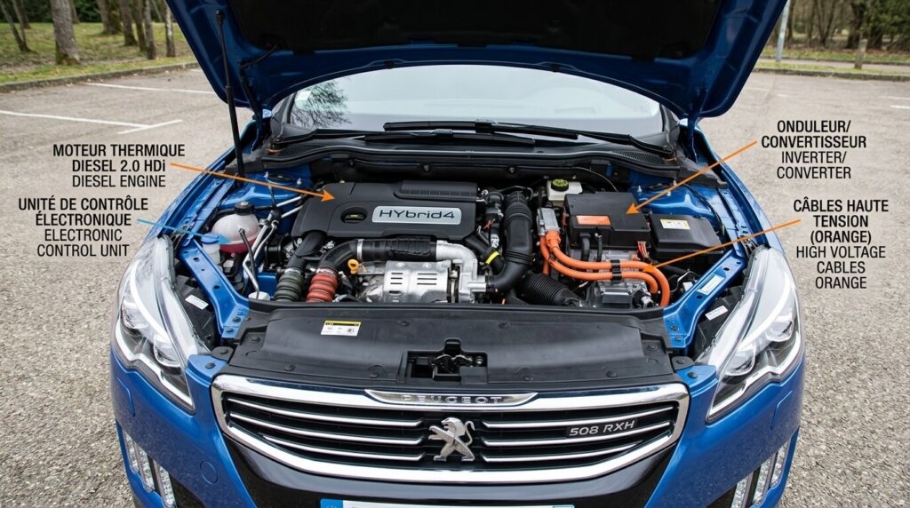 Peugeot 508 RXH : problèmes et fiabilité de la technologie hybride 2 Le compartiment moteur d'une Peugeot 508 RXH affichant les composants de la technologie Hybrid4.