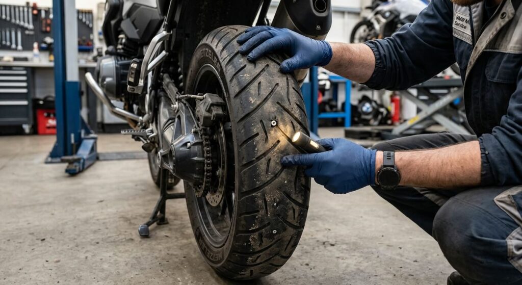 Inspection de la bande de roulement d'un pneu de moto percé par une vis.