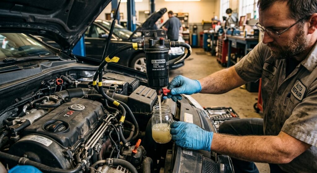Opération de purge de l'eau présente au fond d'un filtre à gazole.