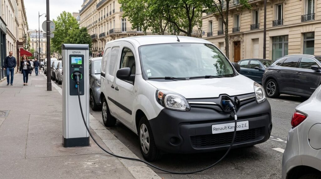 Durée de vie d'une batterie de Kangoo ZE : autonomie, usure et coût 2 Un utilitaire Renault Kangoo ZE branché sur une borne de recharge publique.