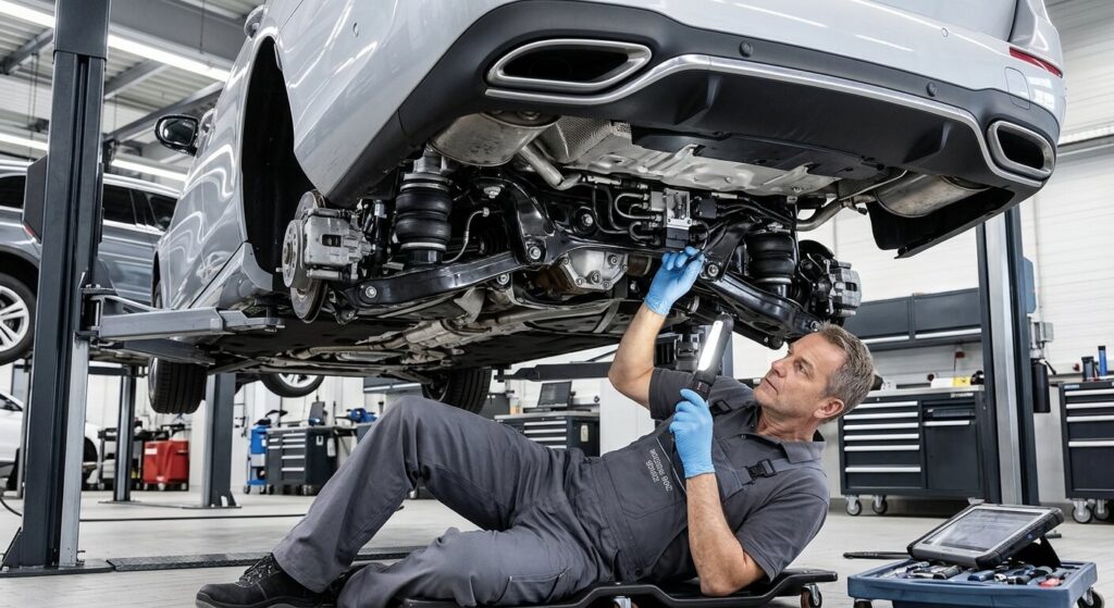 Peugeot 508 RXH : problèmes et fiabilité de la technologie hybride 3 Un mécanicien inspectant le système de suspension électrique arrière d'un break haut de gamme.