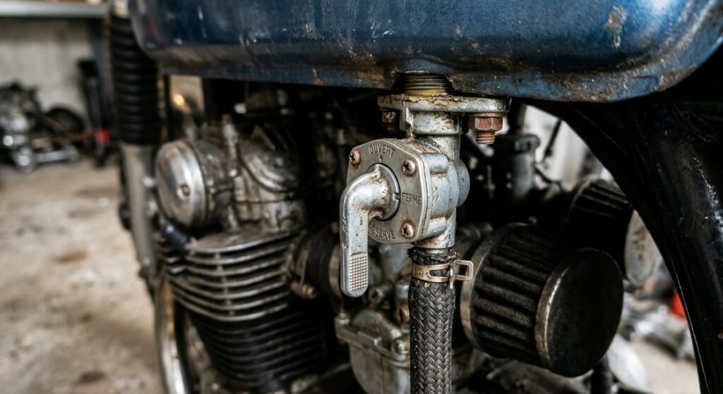Position du robinet d'essence moto : comprendre ON, OFF, RES et PRI 2 Gros plan sur le sélecteur métallique d'un robinet d'essence situé sous le réservoir d'une moto classique.