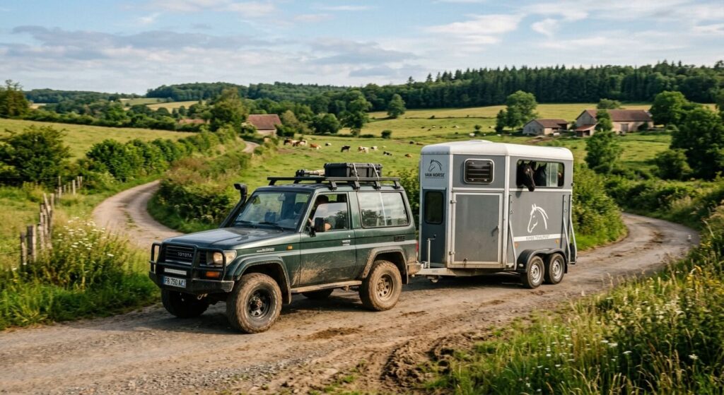 Un SUV tout-terrain tractant un van équestre à deux places sur une route de campagne.