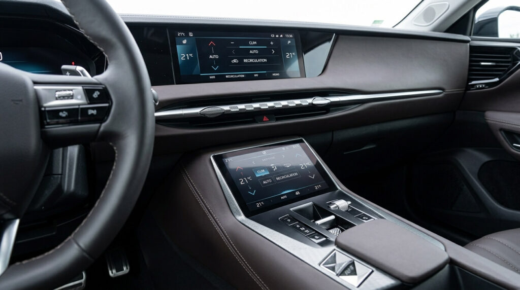 La console centrale d'une DS4 avec les commandes de climatisation numérique.