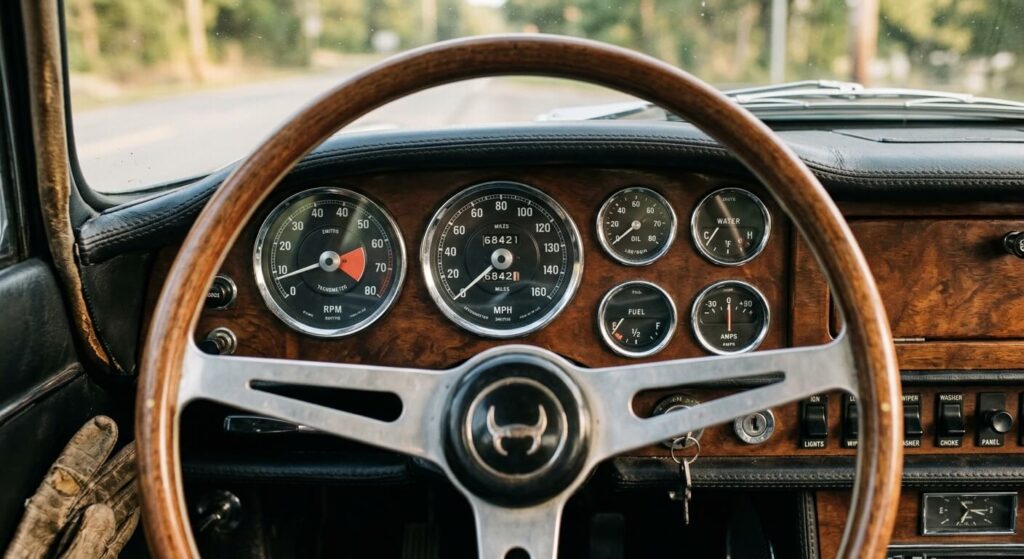 Voiture sans électronique : les modèles les plus fiables d'occasion 3 Un tableau de bord de voiture ancien doté de compteurs simples à aiguilles sans écran numérique.