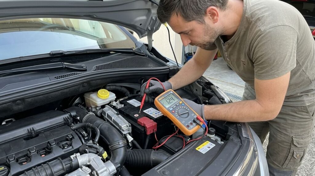 Mode économie actif sur Citroën C3 : pourquoi la voiture ne démarre pas ? 3 Un automobiliste vérifiant la tension de sa batterie auto à l'aide d'un multimètre sous le capot.