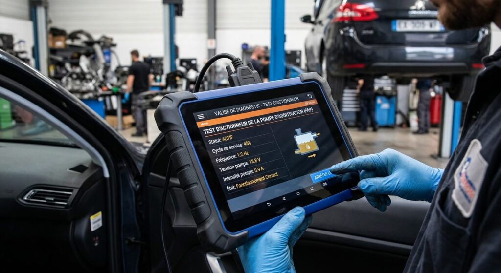 Écran de valise de diagnostic affichant le test d'actionneur de la pompe d'additivation.