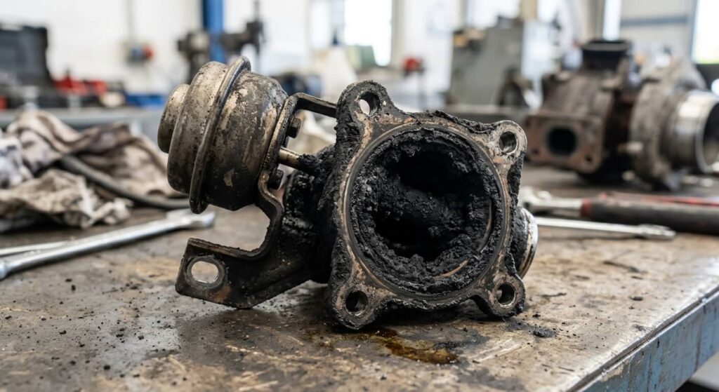 Gros plan sur une vanne EGR recouverte de suie noire et de calamine.