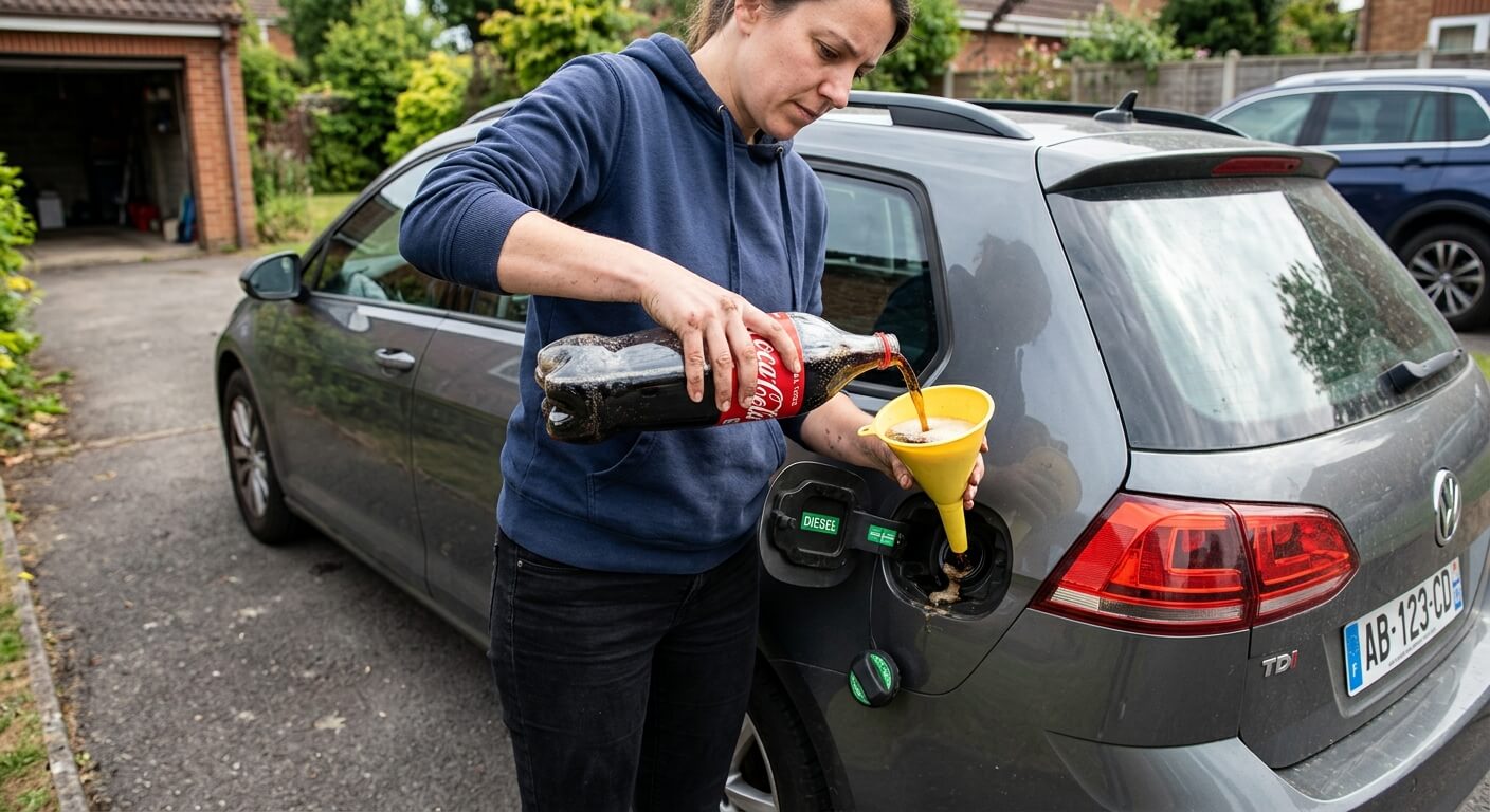 Une main versant du coca à l'aide d'un entonnoir dans la trappe à carburant d'une voiture diesel.
