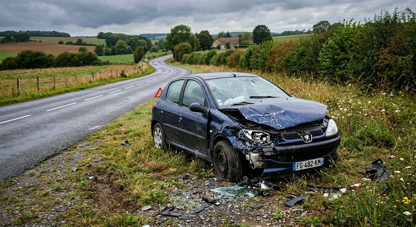 Une voiture endommagée abandonnée sur le bas-côté d'une route de campagne après un choc.