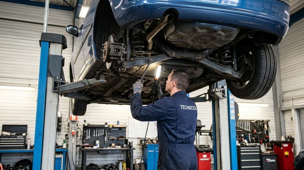 Xsara 2.0 HDi 90 : fiabilité et points de vigilance 3 Un technicien automobile vérifiant le train arrière d'une voiture sur un pont élévateur.