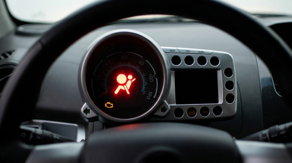 Le symbole rouge de l'airbag allumé sur le tableau de bord d'une Chevrolet Spark.