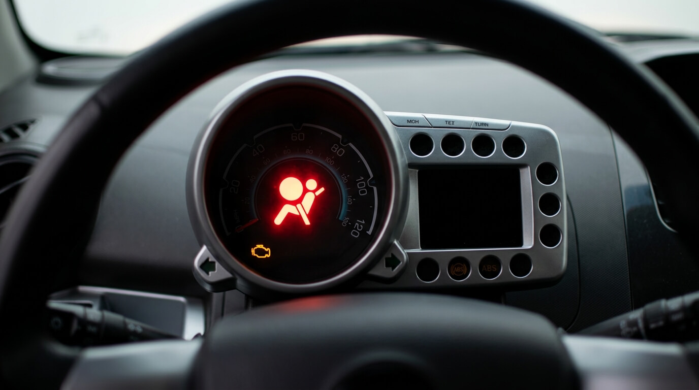 Le symbole rouge de l'airbag allumé sur le tableau de bord d'une Chevrolet Spark.