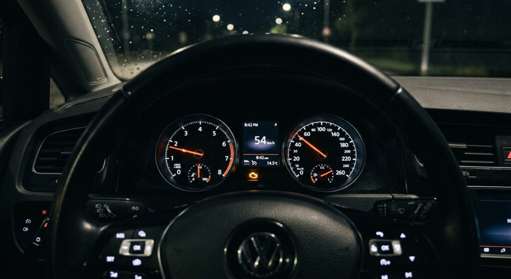 Le voyant orange de défaut moteur allumé sur le combiné d'instruments d'une voiture.