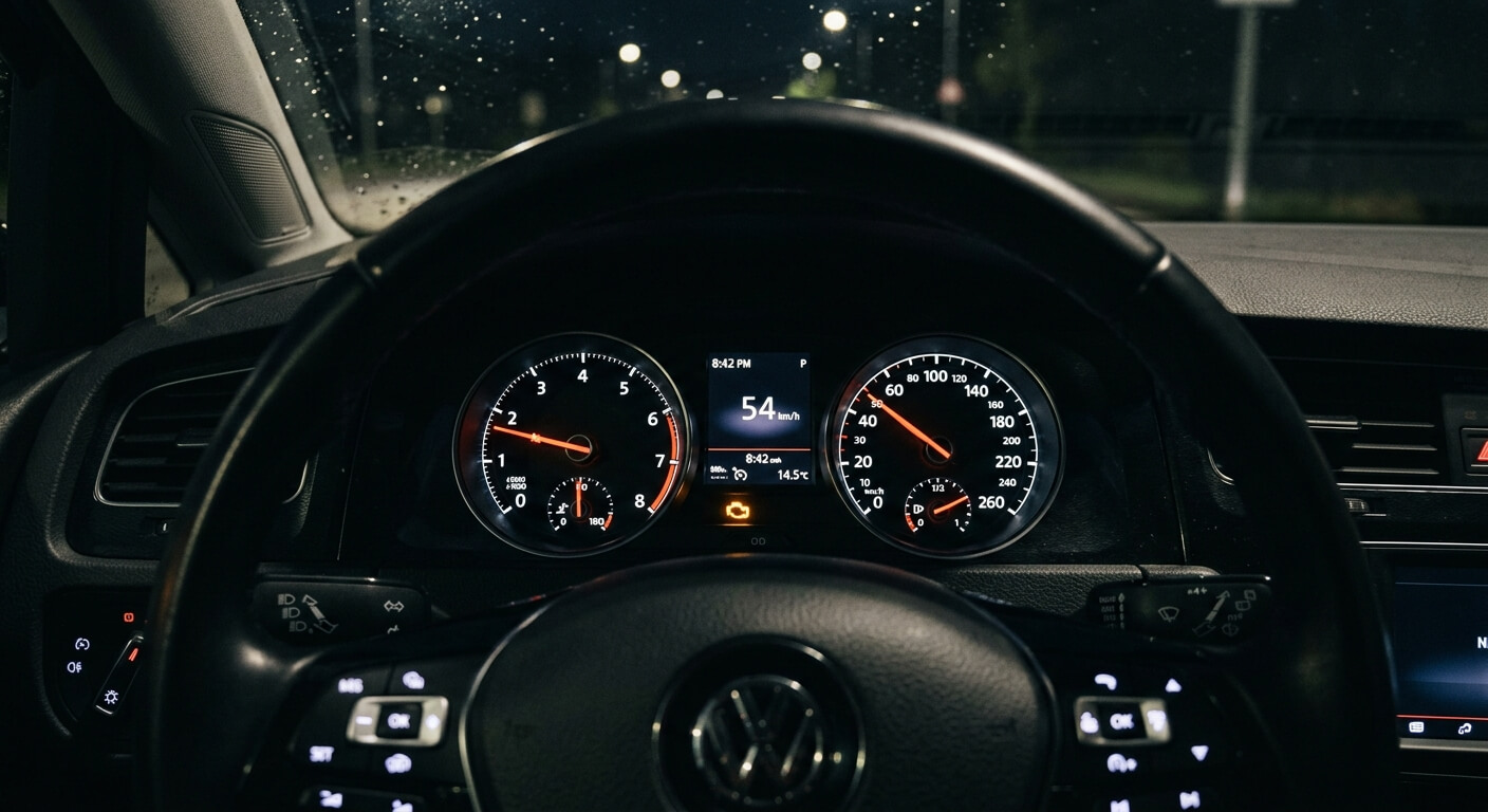 Le voyant orange de défaut moteur allumé sur le combiné d'instruments d'une voiture.