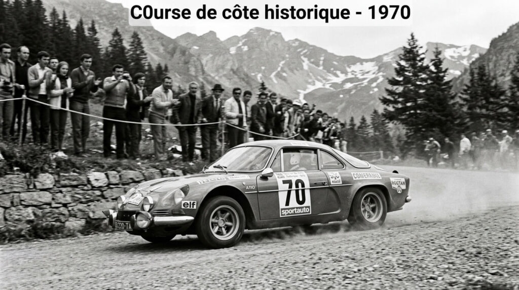 Alpine A110 en pleine montée lors d'une course de côte historique en 1970.