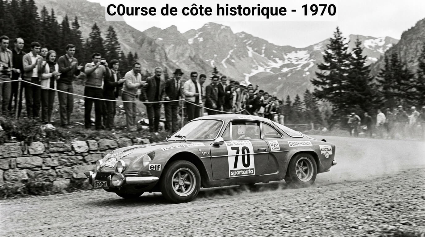 Alpine A110 en pleine montée lors d'une course de côte historique en 1970.