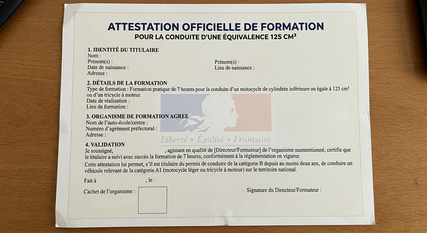Attestation officielle de formation 7 heures pour la conduite d'une équivalence 125 cm³.