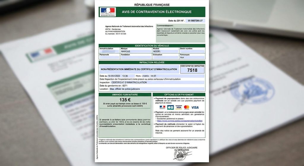 Avis de contravention électronique mentionnant le code NATINF pour non-présentation immédiate du certificat d'immatriculation.