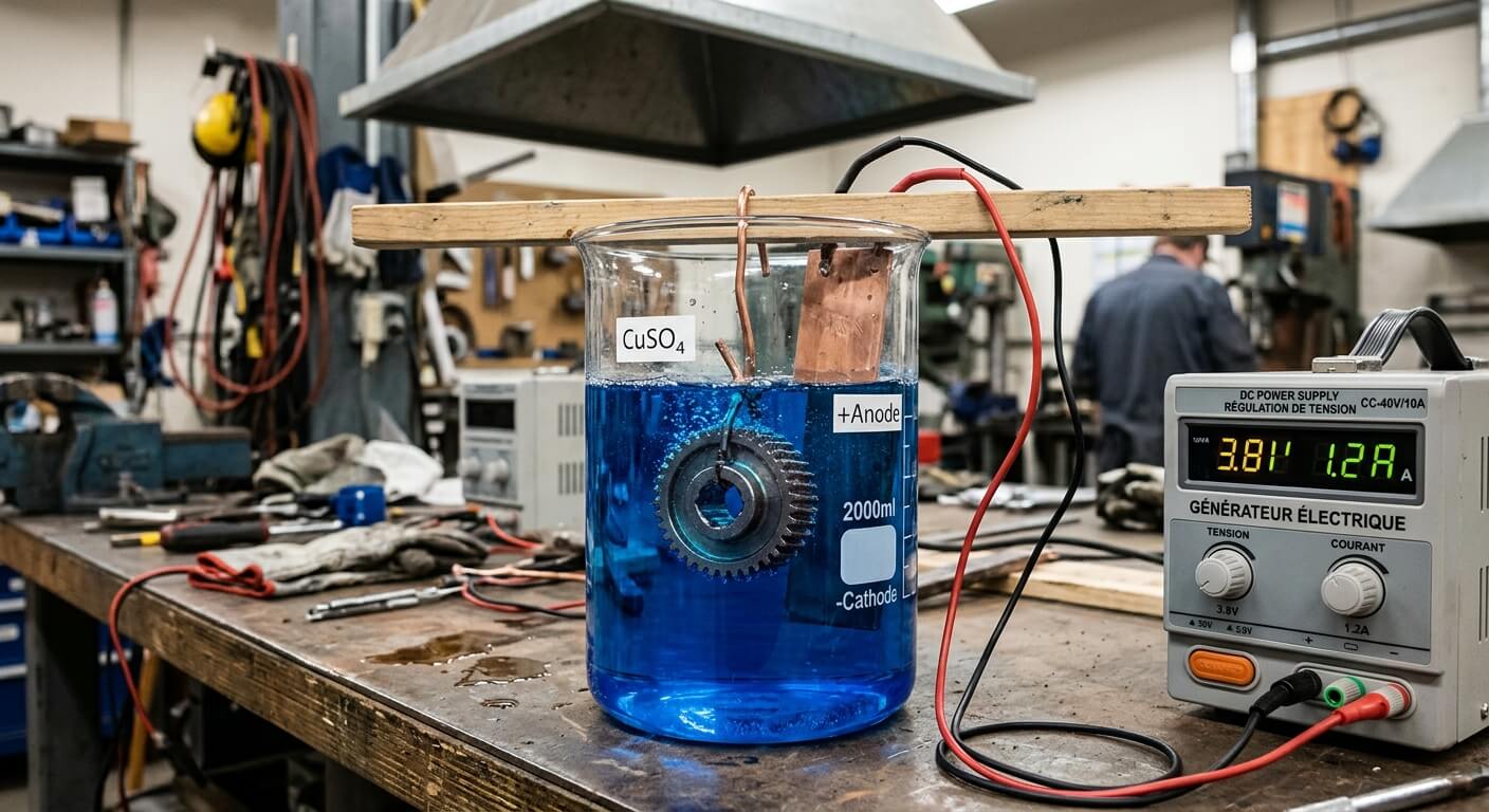 Pièce métallique plongée dans un bain de sulfate de cuivre reliée à un générateur électrique.