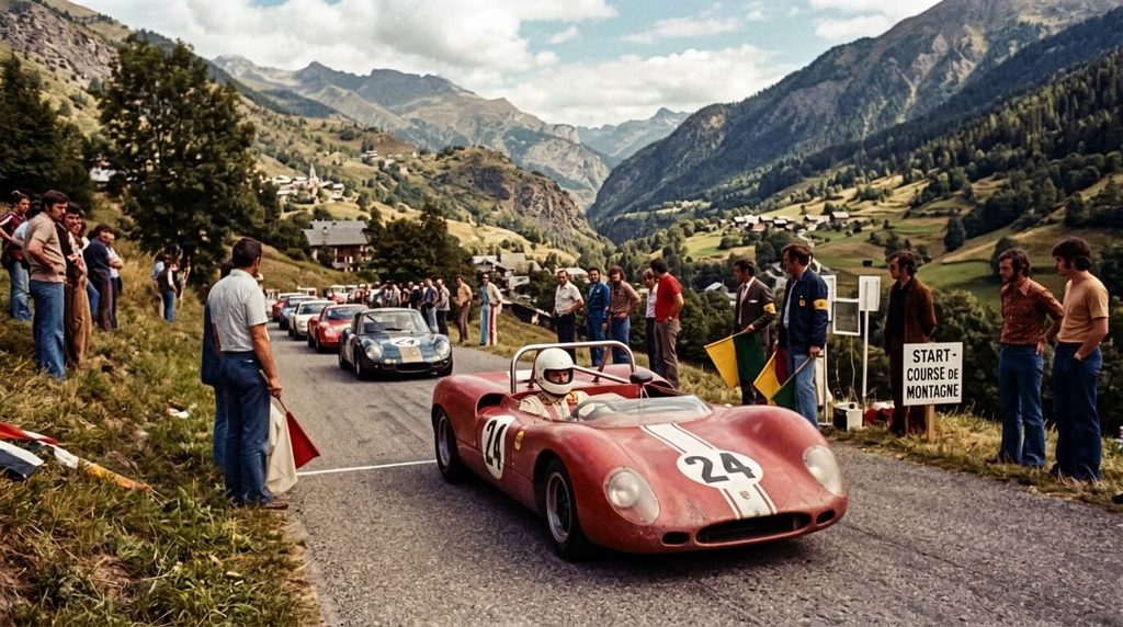 Prototype barquette Marcadier au départ d'une épreuve de montagne des années 1970.