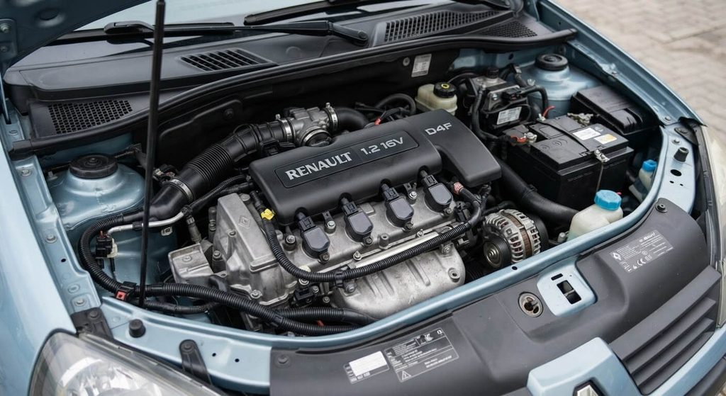 Vue détaillée du moteur essence 4 cylindres Renault 1.2 16V D4F sous le capot.